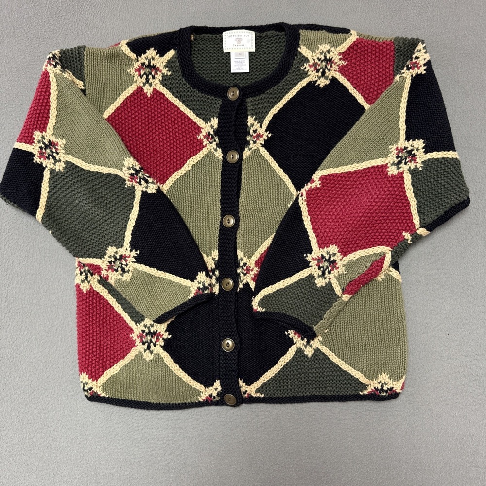 Vintage Susan Bristol Cardigan Sweater Multicolor Argyle Diamond 90s Y2K Preppy